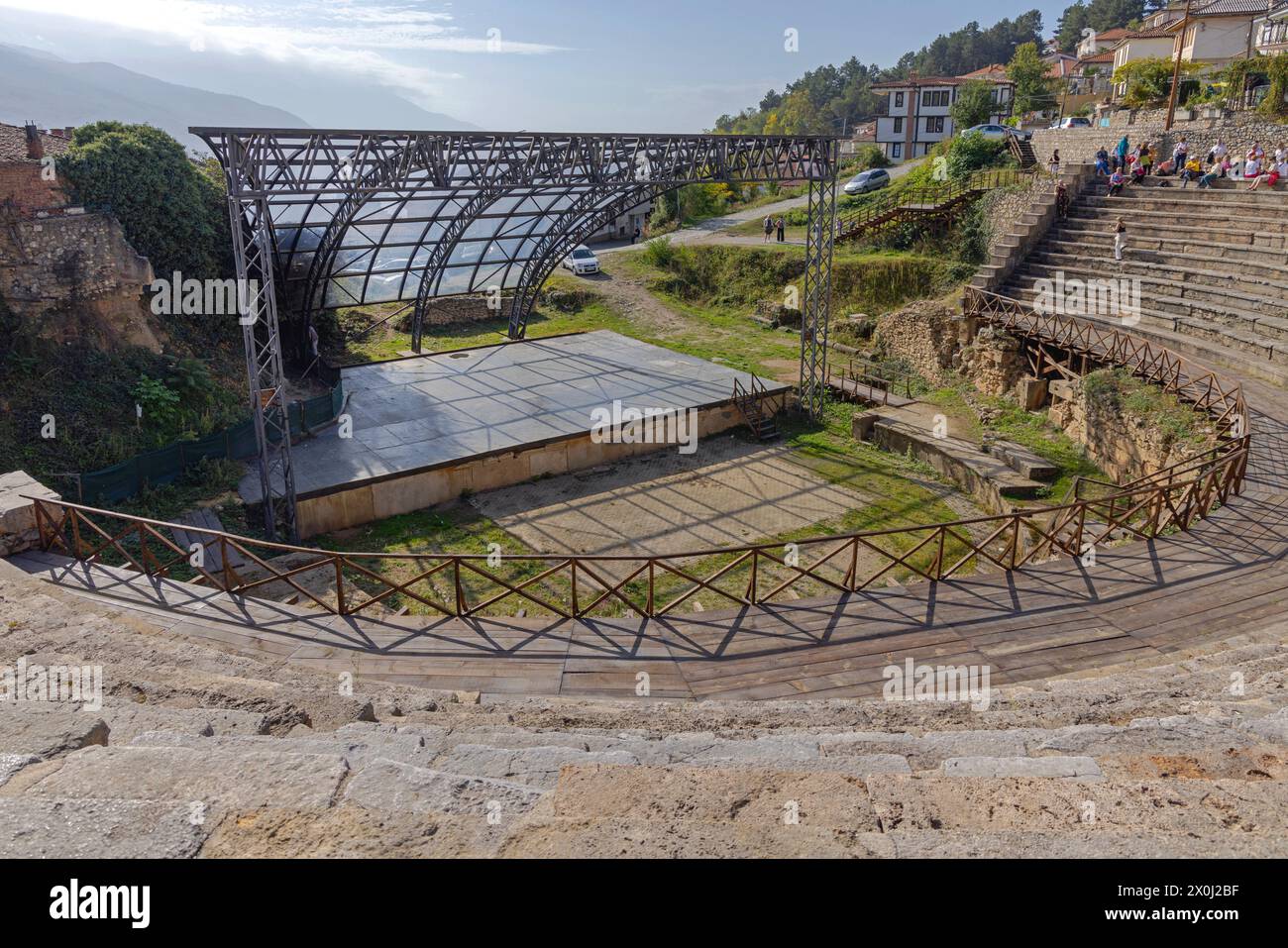 Ohrid, North Macedonia - October 23, 2023: Ancient Macedonian Theatre Classical Greek Open Air Amphitheater Venue Historic Landmark. Stock Photo