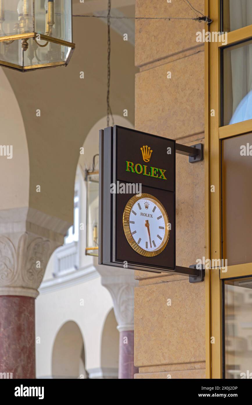 Thessaloniki, Greece - October 22, 2023: Public Clock Rolex at Luxury Jewelry Watch Store Gofas Aristotelous Square. Stock Photo