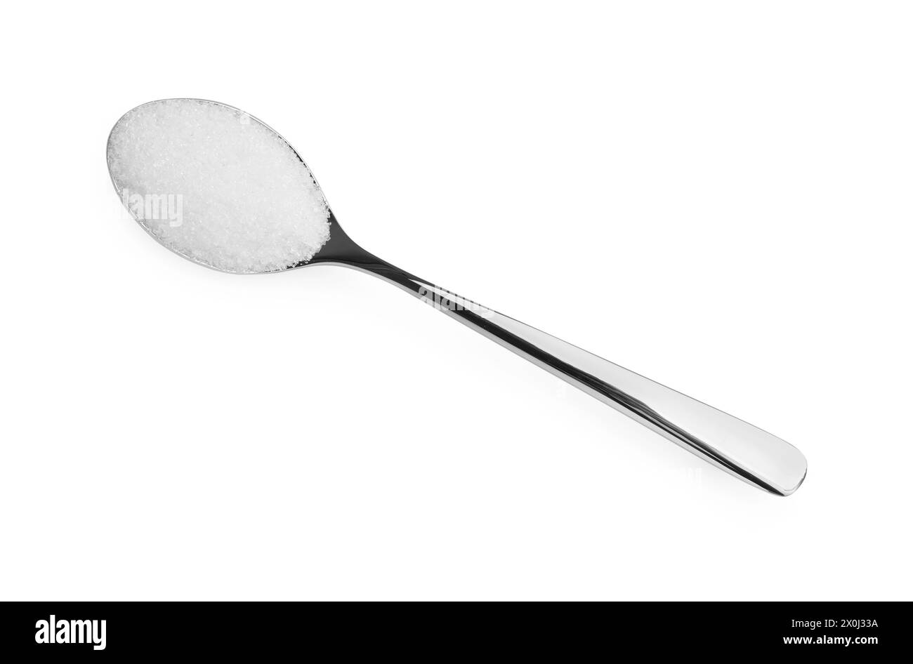 Spoon with granulated sugar isolated on white, top view Stock Photo