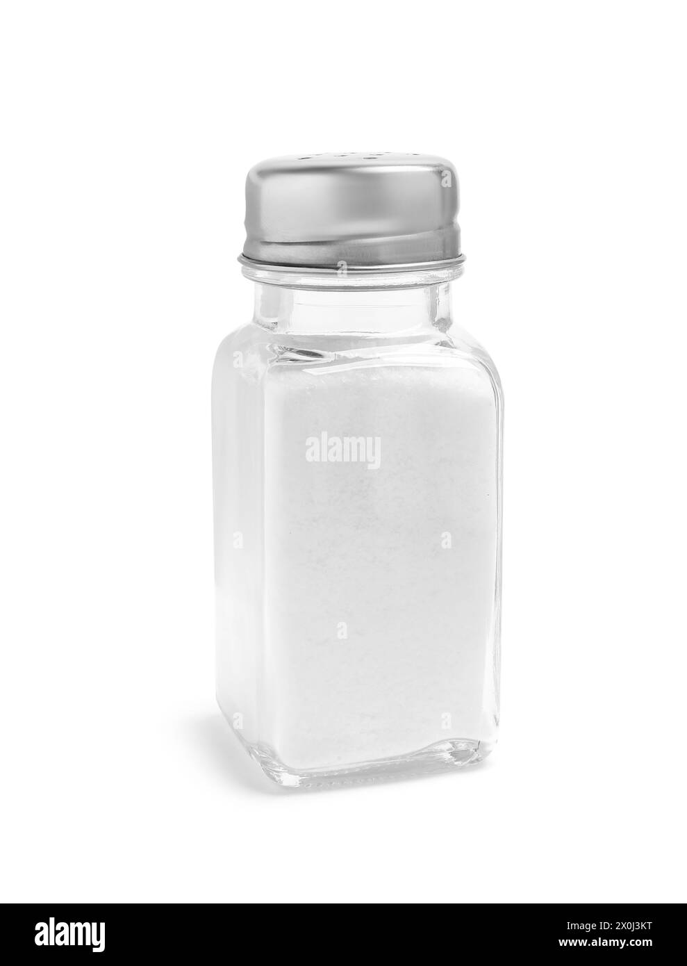 Natural salt in glass shaker isolated on white Stock Photo