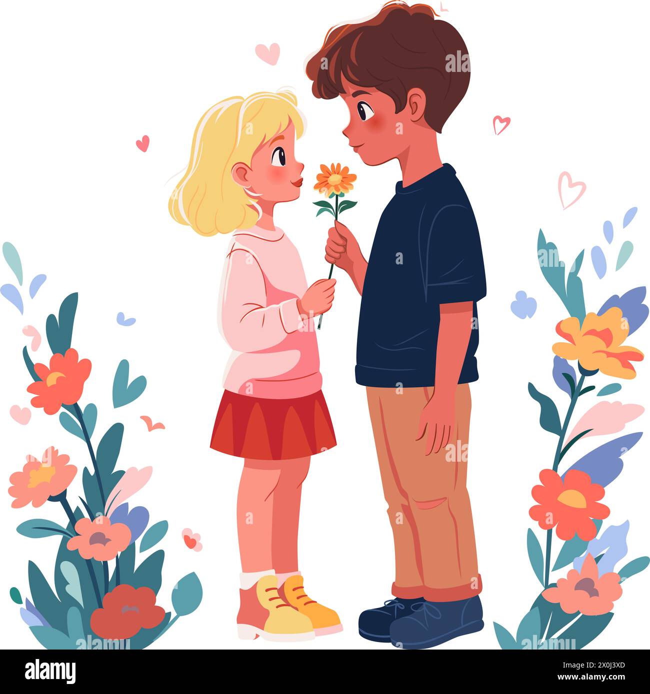 Cheerful boy gives flower to sweet blond girl. First love concept. Vector flat illustration Stock Vector