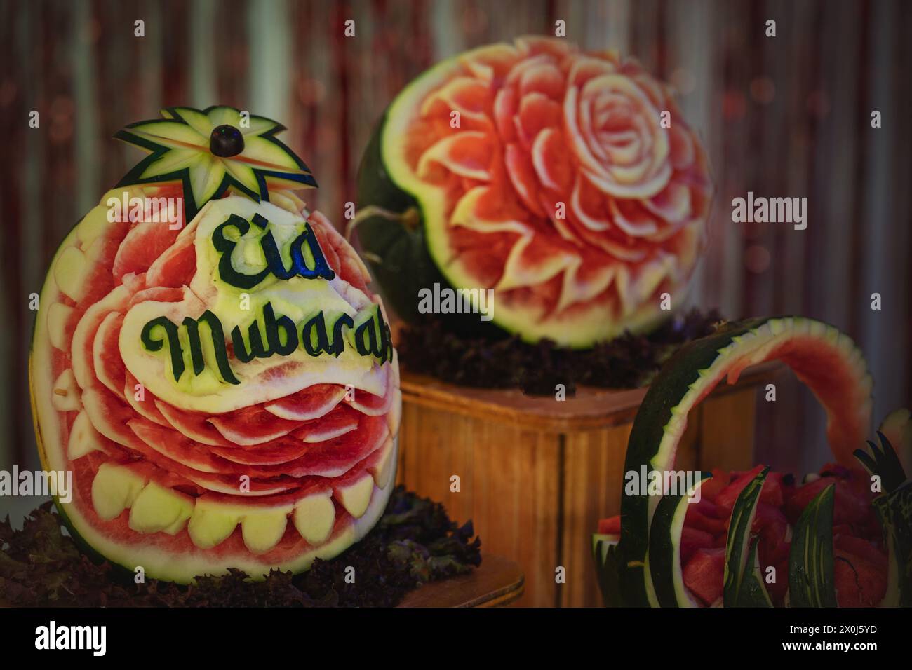 Fruit Carving Eid Mubarak Stock Photo