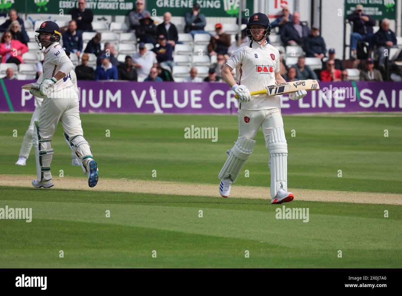 Chelmsford, UK. 12th Apr, 2024. L-R Essex's Dean Elgar and Essex's Jordon Cox partnership in action during VITALITY COUNTY CHAMPIONSHIP - DIVISION ONE Day One of 4 match between Essex CCC against Kent CCC at The Cloud County Ground, Chelmsford on 12th April, 2024 Credit: Action Foto Sport/Alamy Live News Stock Photo