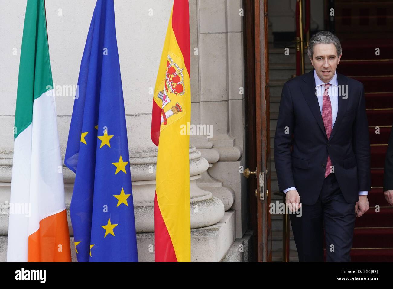 Taoiseach Simon Harris before welcoming Spanish Prime Minister Pedro Sanchez to the Government Buildings, Dublin. Picture date: Friday April 12, 2024. Stock Photo