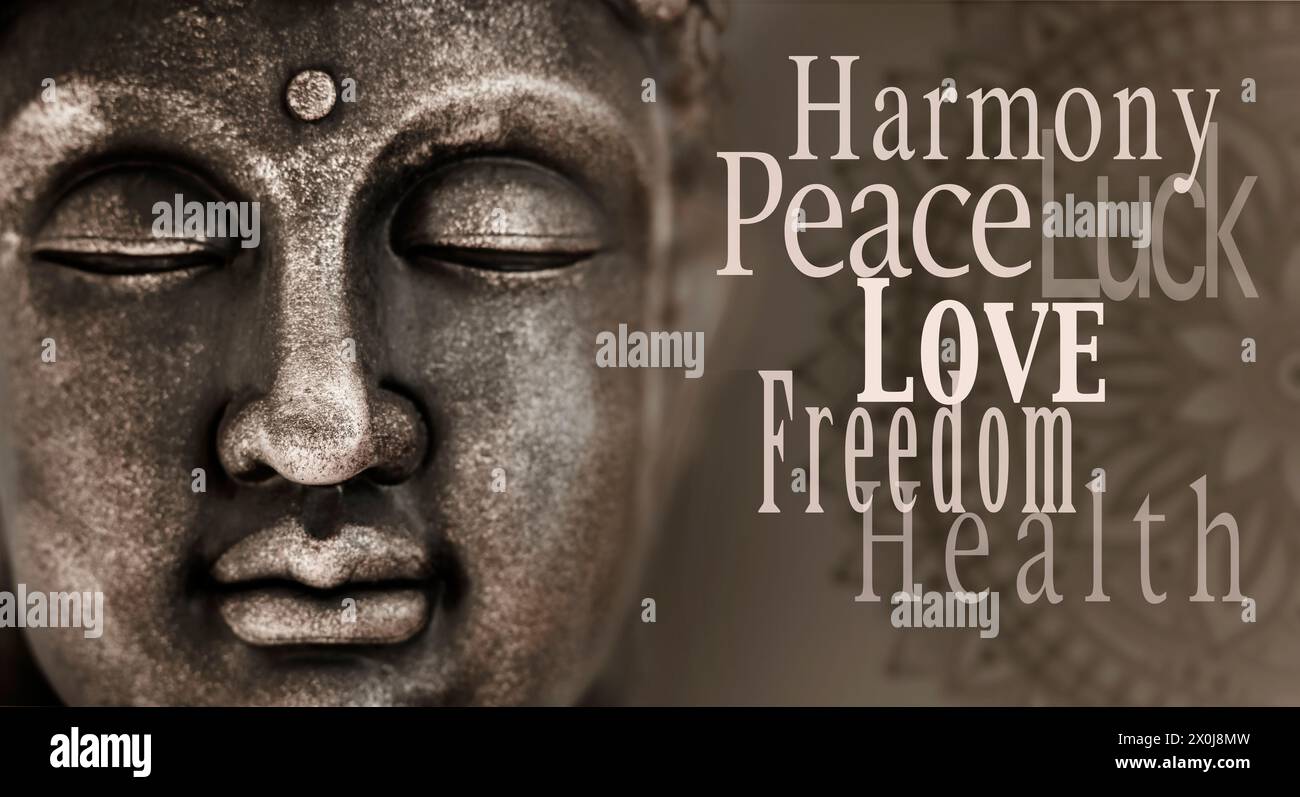 Zen poster with Buddha face and typography Stock Photo