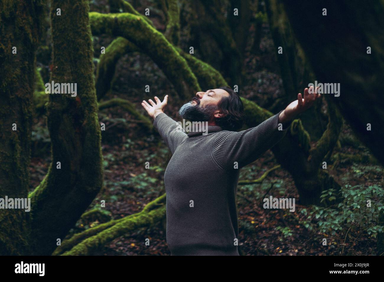 Spiritual zenlike nature love people. One man with closed eyes and outstretching arms in the nature forest green trees scenic place. Travel destination. Natural care medicine therapy. Adventure life Stock Photo