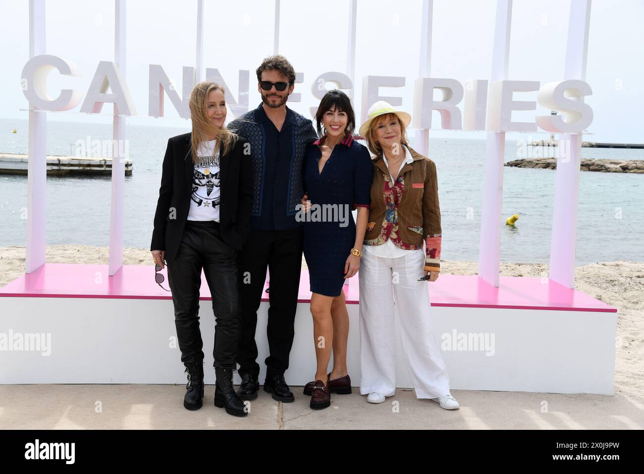 CANNES, FRANCE - APRIL 07: (L-R) Catherine Marchal, Arnaud Binard, Nolwenn Leroy and Marie-Anne Chazel attends the 'Brocéliande' Photocall during the Stock Photo