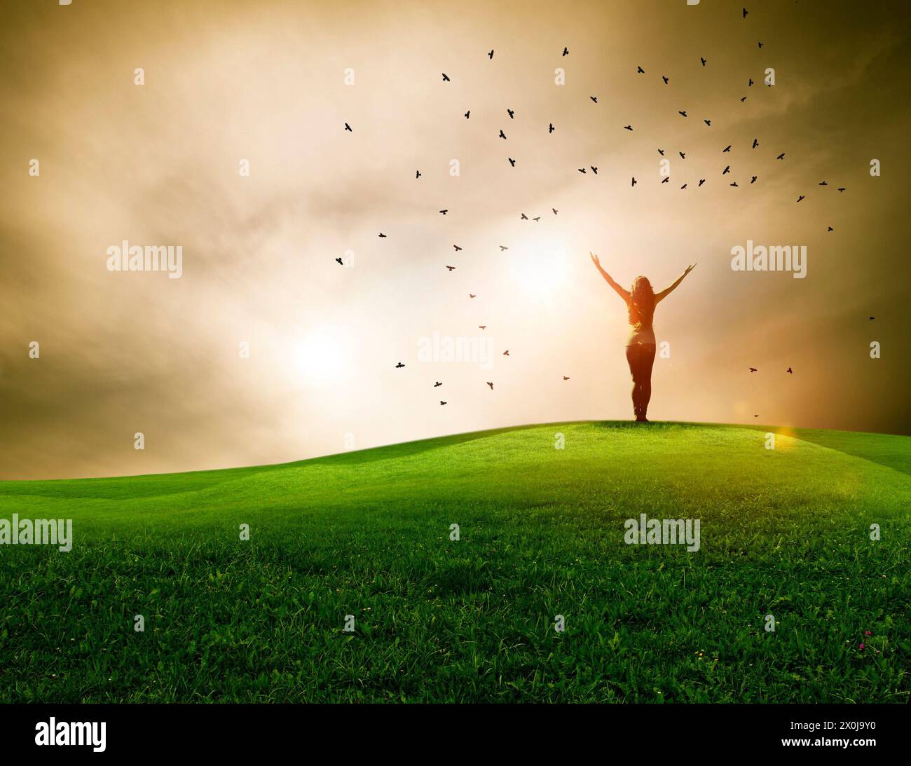 Woman with raised arms on a hill Stock Photo