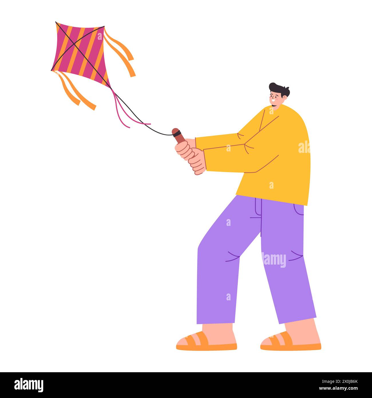 young man smile expression playing flying kite fun game cheerful