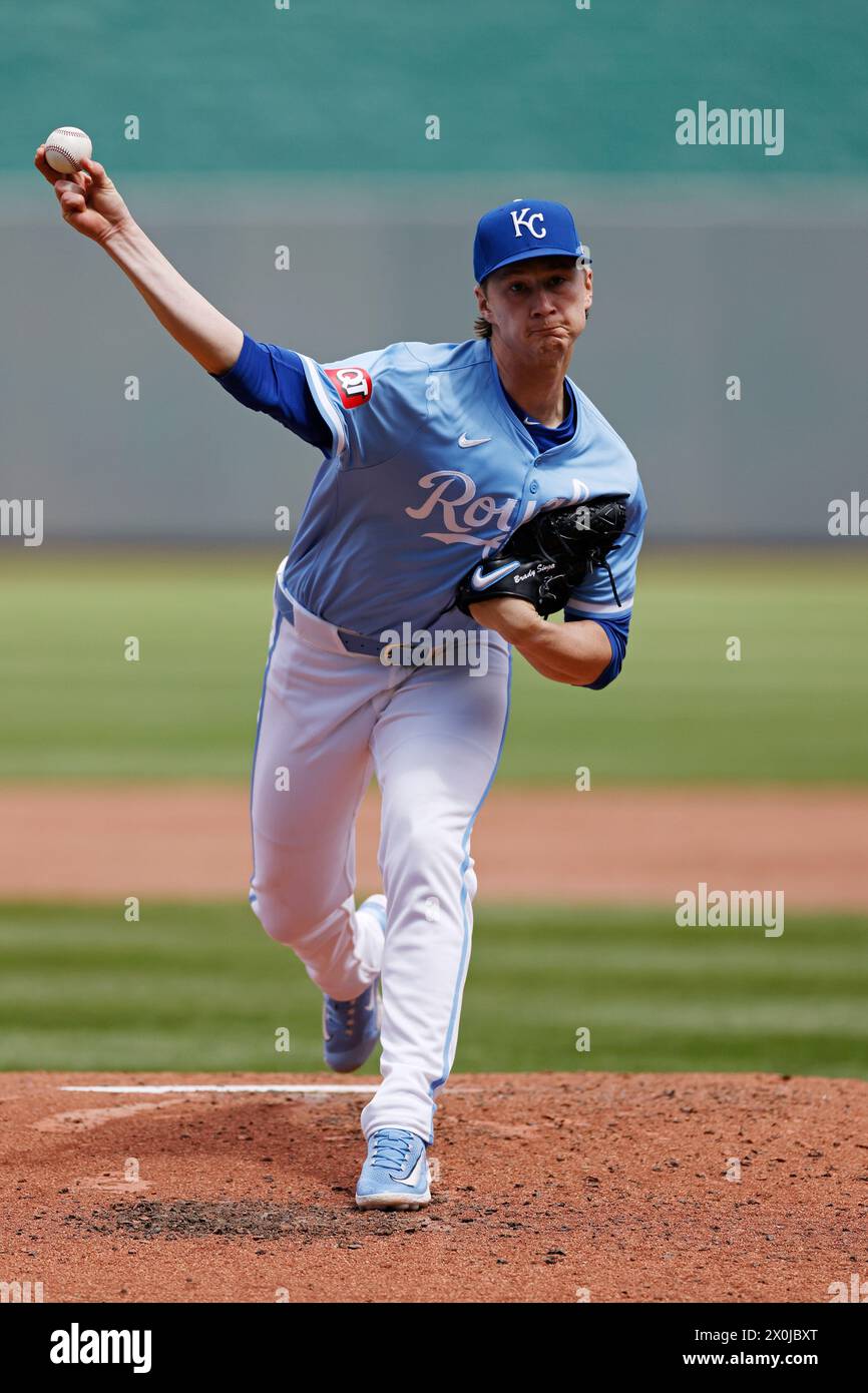 KANSAS CITY, MO - APRIL 11: Kansas City Royals pitcher Brady Singer (51) delivers a pitch during an MLB game against the Houston Astros on April 11, 2024 at Kauffman Stadium in Kansas City, Missouri. The Royals won 13-3. (Photo by Joe Robbins/Image of Sport) Stock Photo