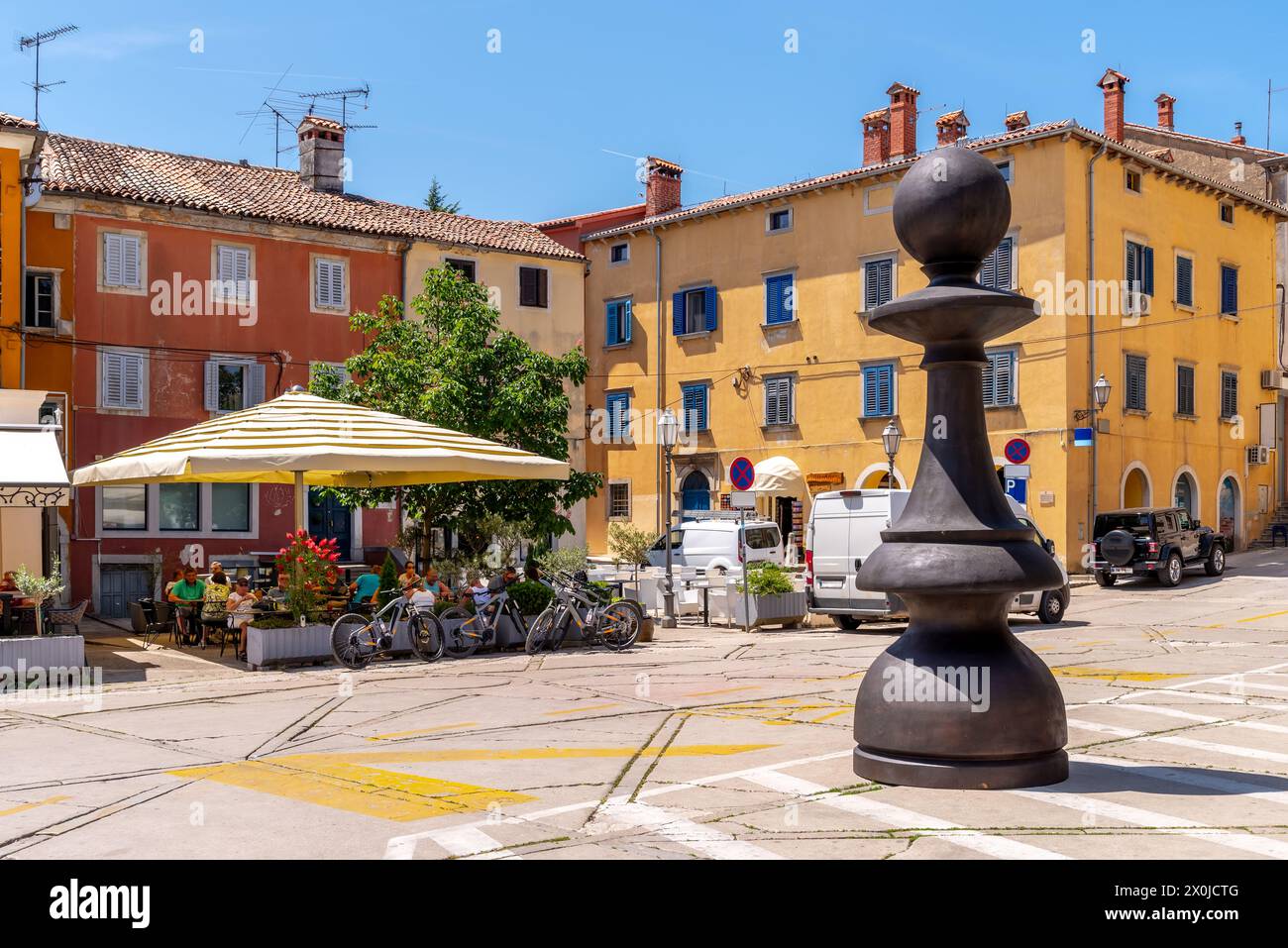 Labin, Croatia, 26.05.2023: Marketplace of Labin with Bauer sculpture (chess) at daytime, Istria, Stock Photo