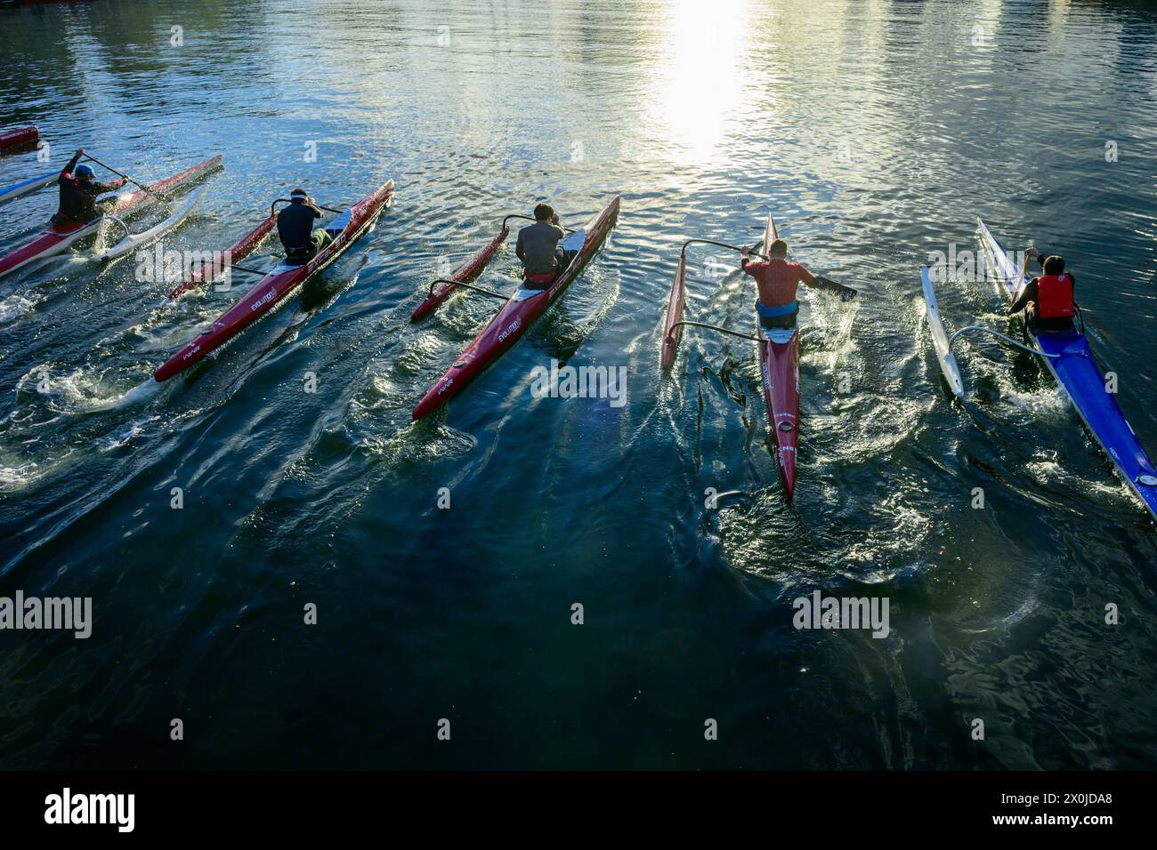 Outrigger Kayak race, False Creek, Vancouver, British Columbia, Canada Stock Photo