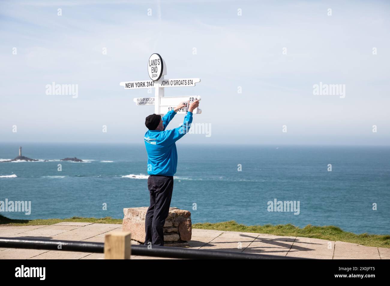 Land's End, Cornwall, UK. 12th Apr, 2024. People were out walking while enjoying the amazing views and Glorious Sunshine over Land's End in Cornwall. It is one of Britain's best loved landmarks, famous for its unique location, natural beauty and stunning scenery. Credit: Keith Larby/Alamy Live News Stock Photo
