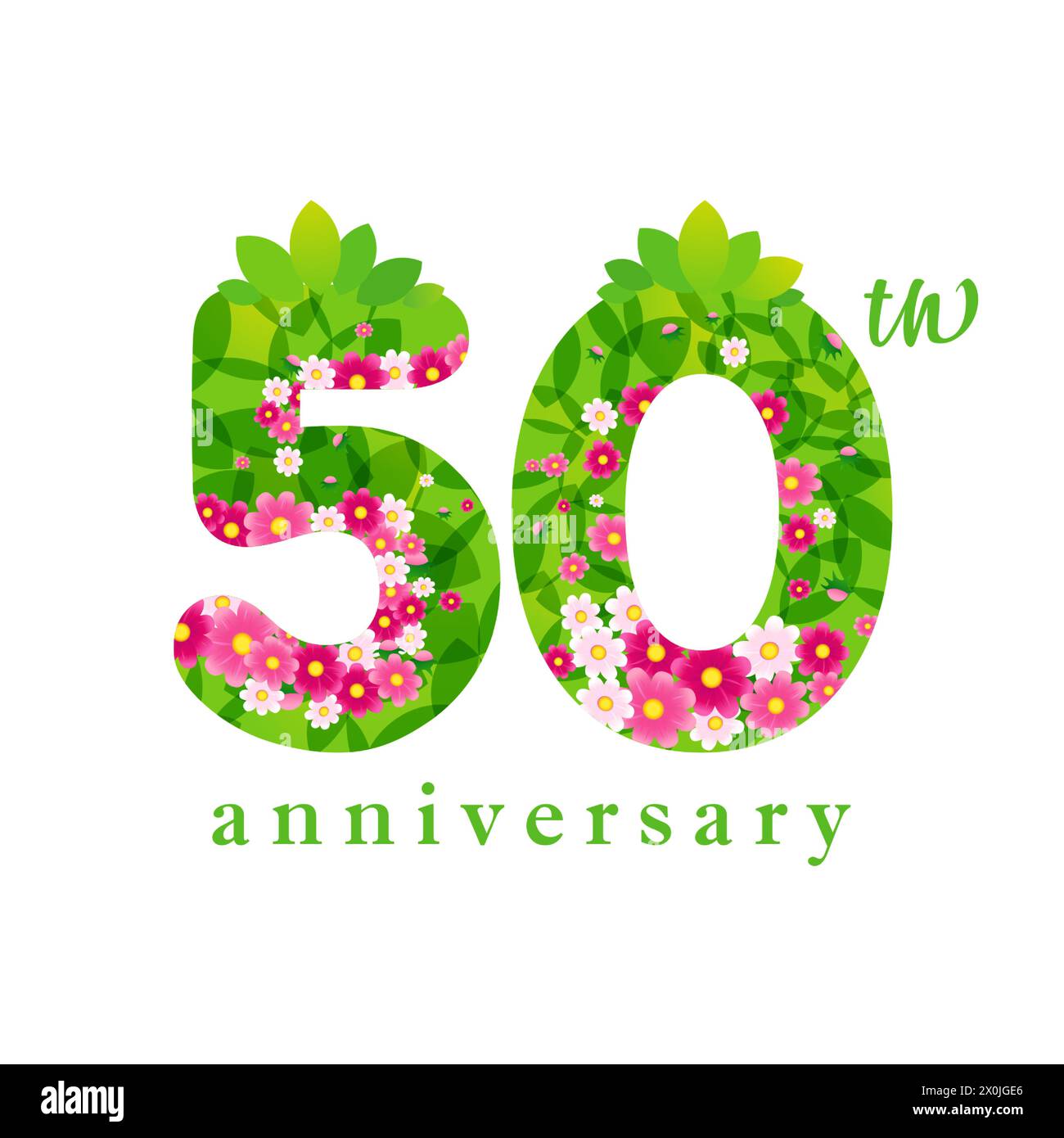 50th anniversary summer logo. Creative number 5 and 0 with green leaves and flowers. 3D elements. Cute floral background with vector clipping mask. Stock Vector
