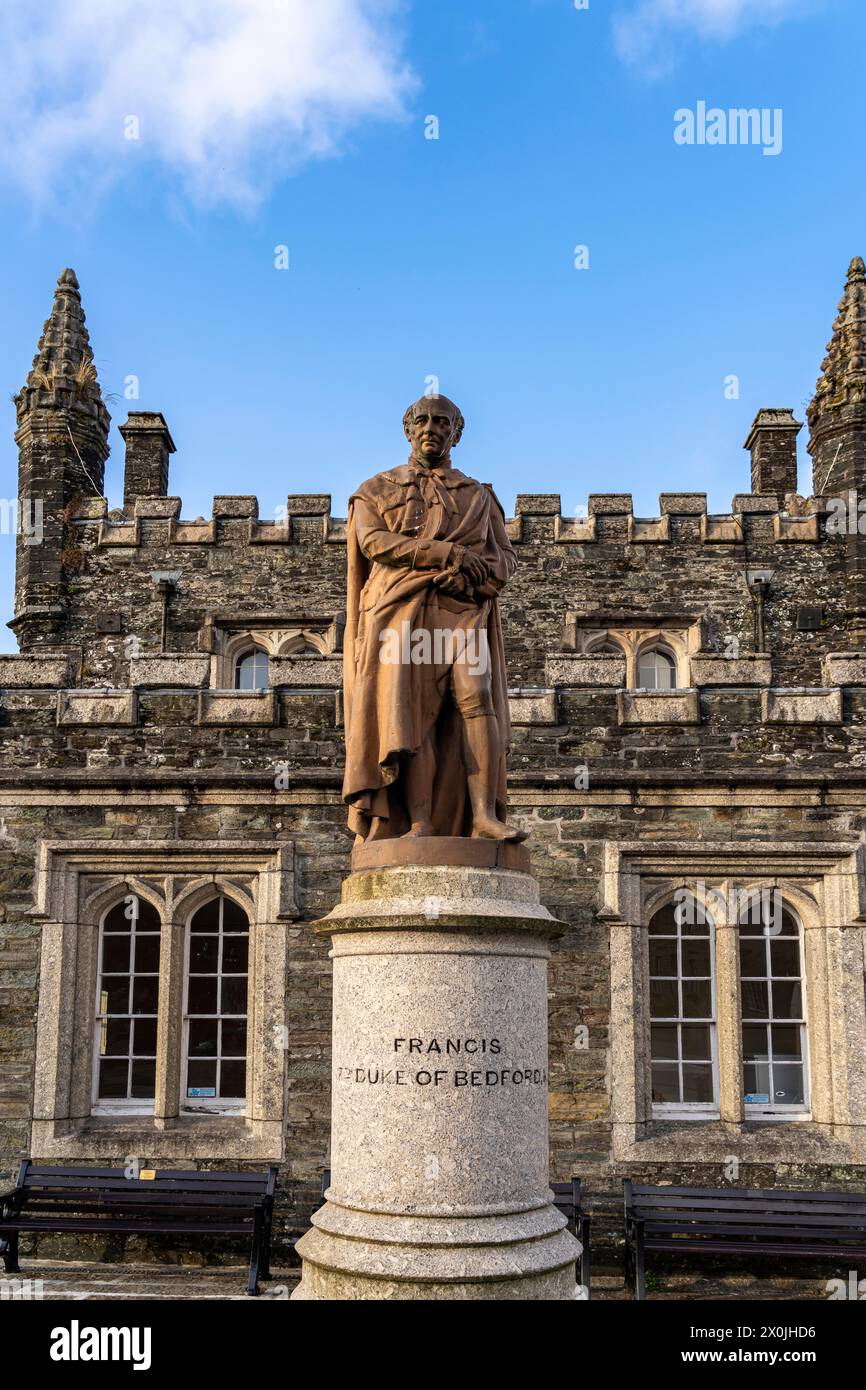 Statue of Francis, Duke of Bedford in front of the Town Hall - Town Hall in Tavistock, Devon, England, Great Britain, Europe Stock Photo
