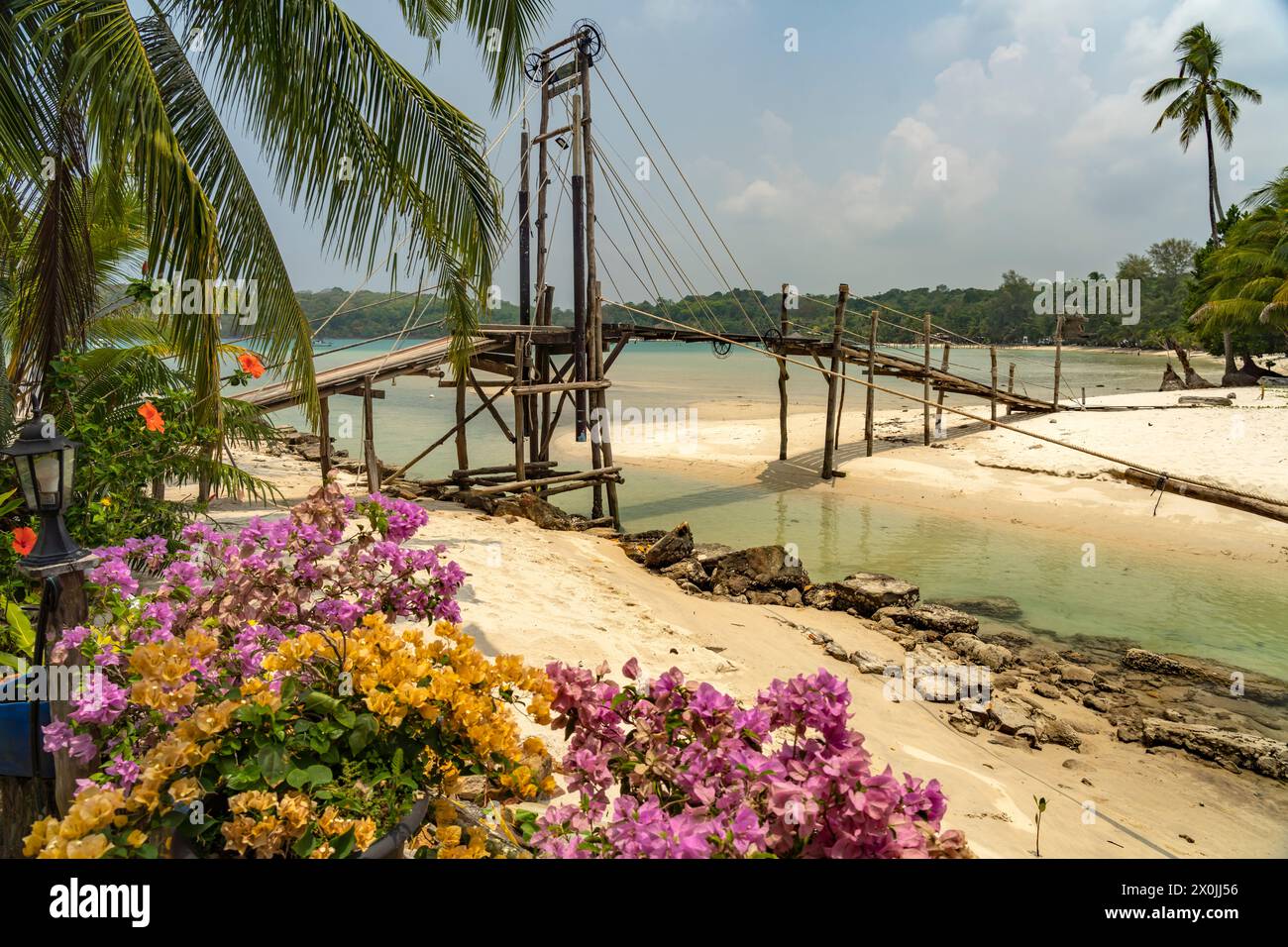 Wooden bridge at Bang Bao Bay, Ko Kut Island or Koh Kood in the Gulf of Thailand, Asia Stock Photo