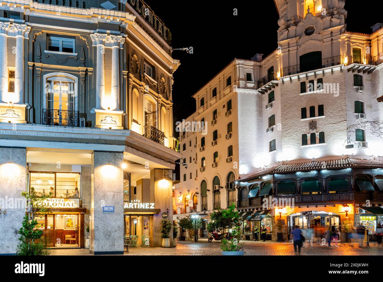 A Night Time View of Cafe Martinez and The Hotel Colonial On The Plaza 9 de Julio, Salta, Salta Province, Argentina. Stock Photo