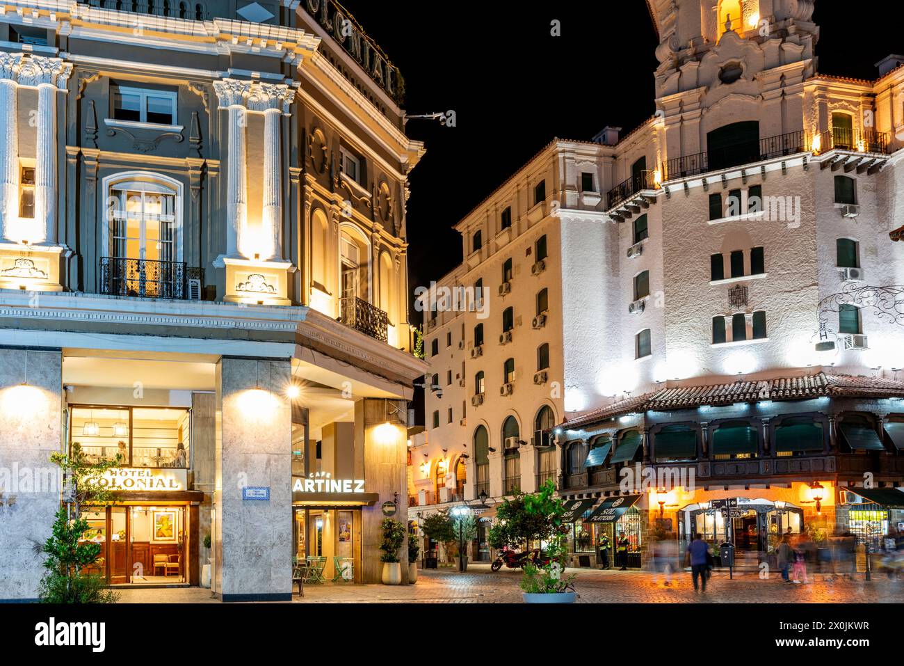 A Night Time View of Cafe Martinez and The Hotel Colonial On The Plaza 9 de Julio, Salta, Salta Province, Argentina. Stock Photo