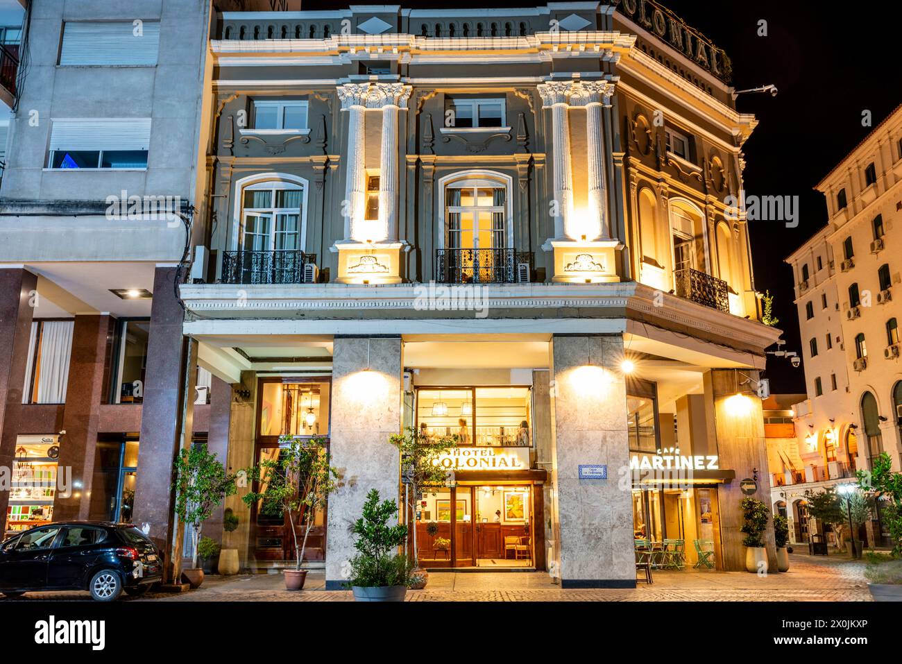 A Night Time View of Cafe Martinez and The Hotel Colonial On The Plaza 9 de Julio, Salta, Salta Province, Argentina. Stock Photo