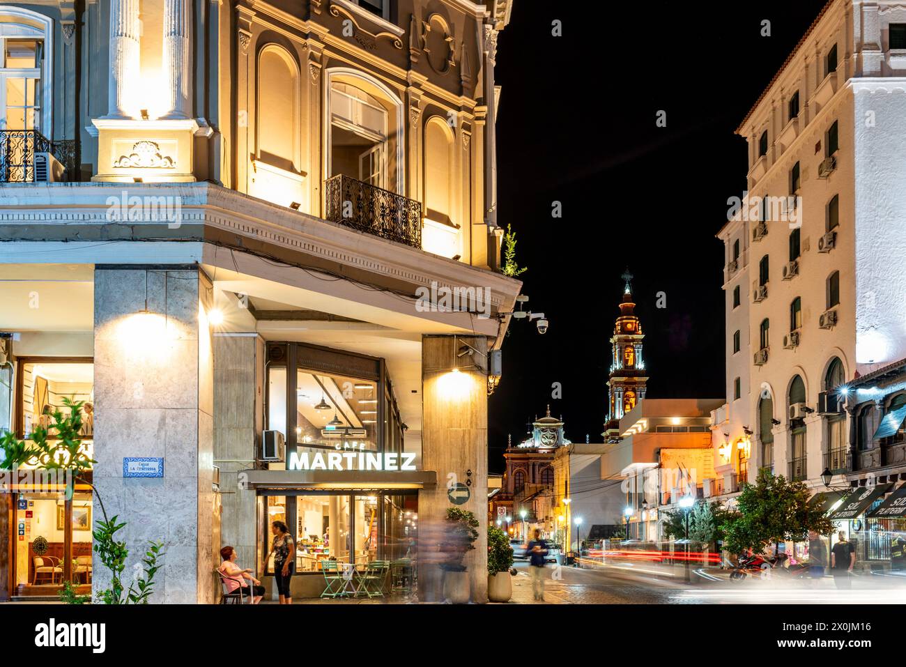 A Night Time View of Cafe Martinez On The Plaza 9 de Julio, Salta, Salta Province, Argentina. Stock Photo