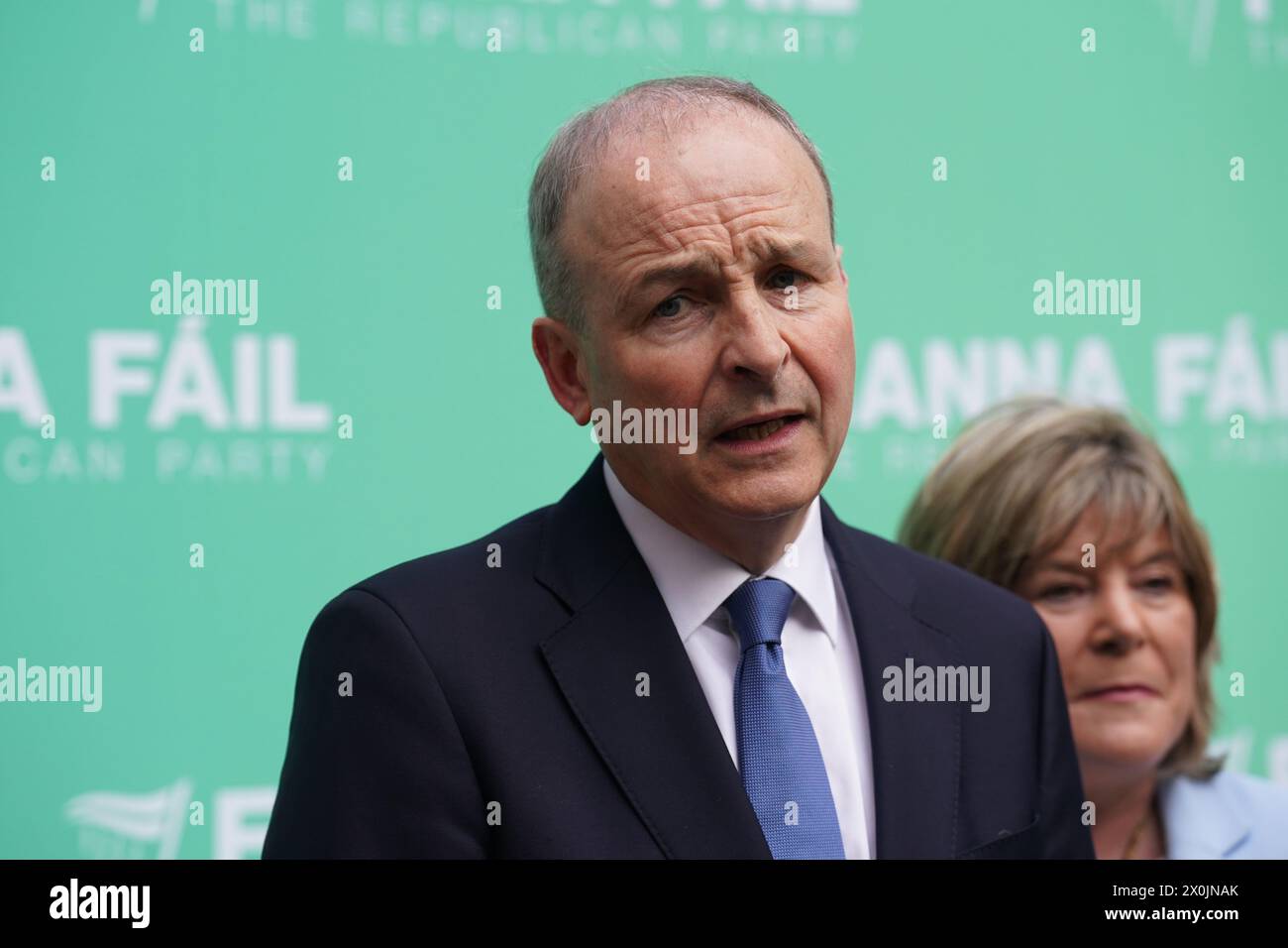 Tanaiste Micheal Martin speaks to the media ahead of the Fianna Fail Ard Fheis, at the Dublin Royal Convention Centre. Picture date: Friday April 12, 2024. Stock Photo