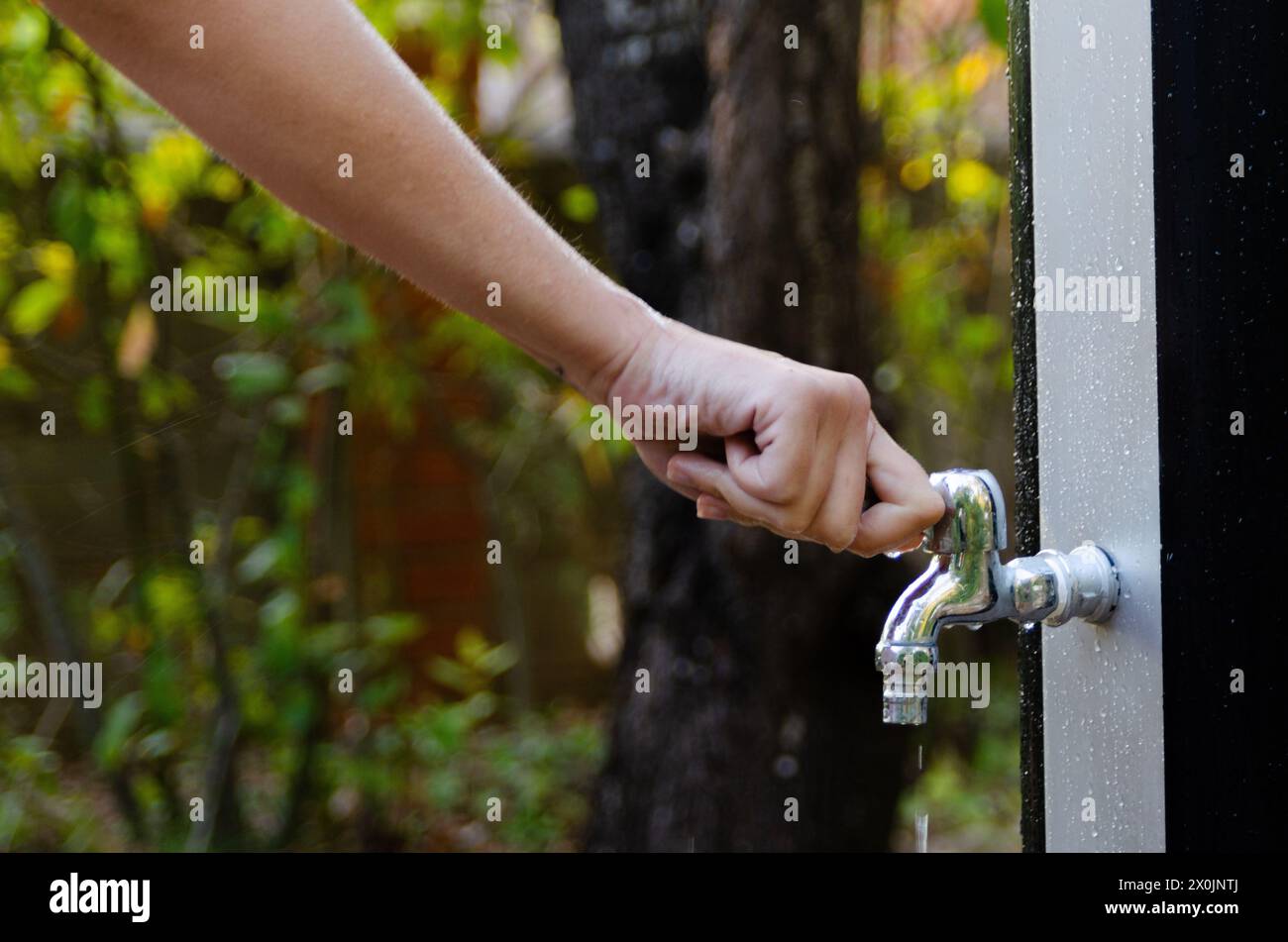 Close up of a woman arm turning off the outdoor shower faucet Stock Photo