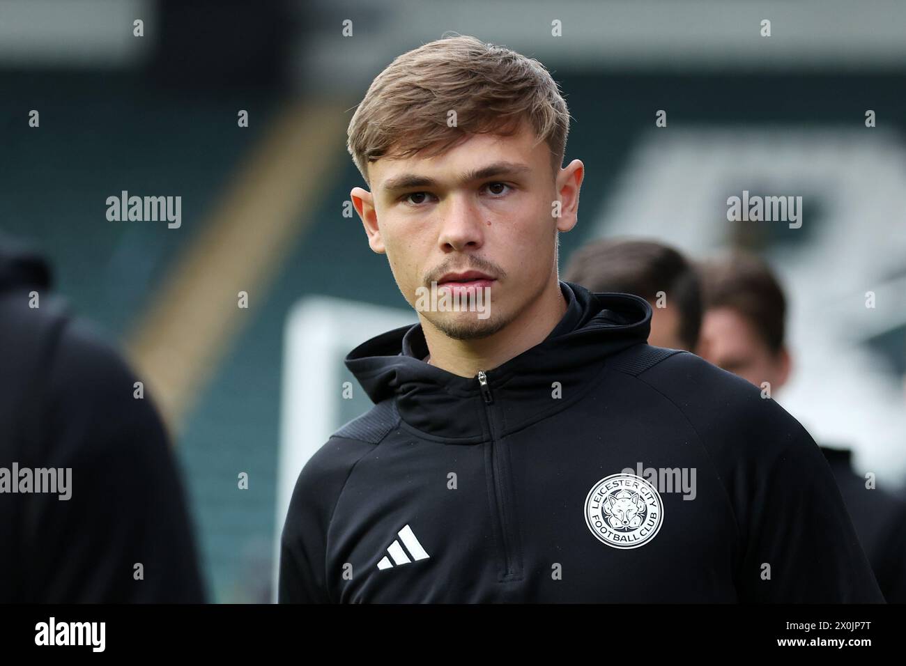 Leicester City's Callum Doyle arrives ahead of the Sky Bet Championship match at Home Park, Plymouth. Picture date: Friday April 12, 2024. Stock Photo
