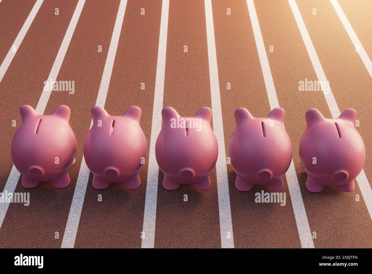 Piggy banks on different running orange tracks in a sports field. Illustration of the concept of stock and fund performance, and return on investment Stock Photo