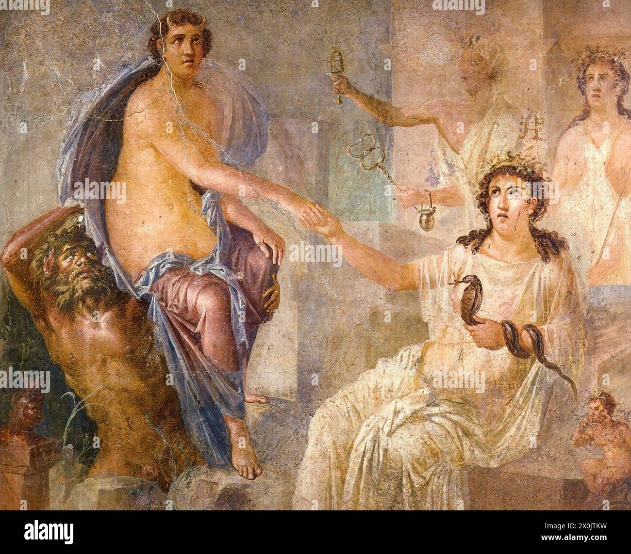 Io (on the left, with horns) is welcomed in Egypt by Isis (sitting, holding a snake and with a crocodile at her feet). Io is carried by a river god, setting her down at Kanopus near Alexandria. Roman fresco from the temple of Isis in Pompeii. Museo Archeologico Nazionale (Naples) Stock Photo