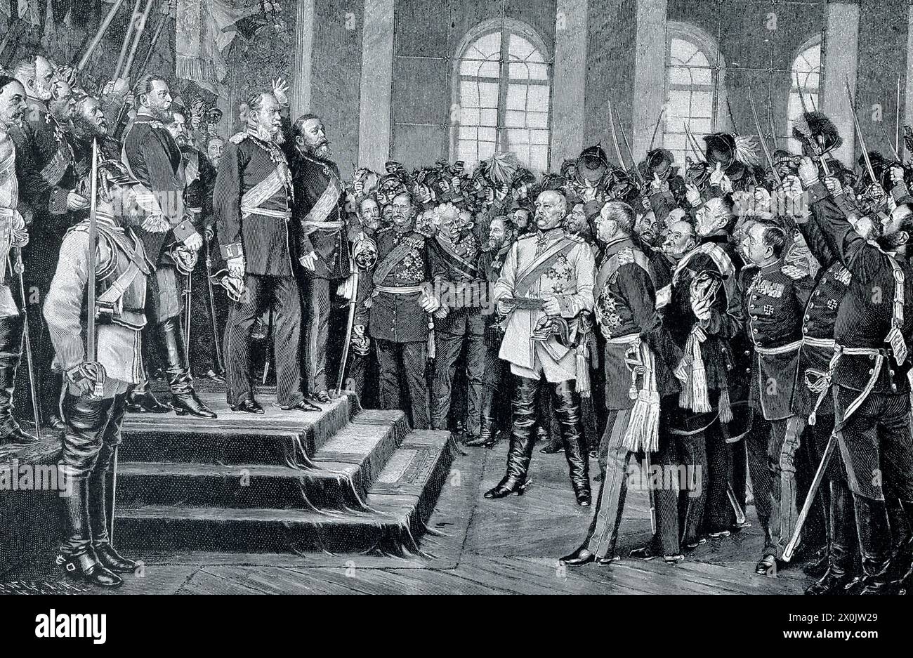 The early 1900s caption reads: 'King William proclaimed emperor at Versailles. It was while the German troops were still besieging Paris that the union of their country became an accomplished fact. King William of Prussia, unanimously chosen as its ruler, was proclaimed emperor, not at Berlin, but at Versailles, the captured palace of the French kings, in the famous ‘hall of mirrors,’ built by Louis XIV. Around the new emperor were gathered, not men of peace, but warriors and princes, Bismarck the Iron Chancellor, and Moltke the greatest commander of the age.' Stock Photo