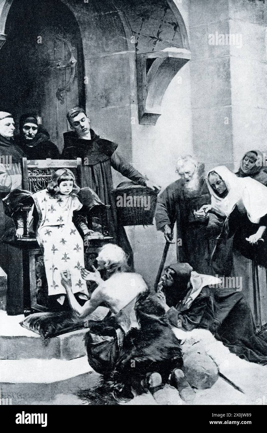 The early 1900s caption reads: “LOUIS IX. AND THE PRISONERS FREED AT HIS CORONATION.—This celebrated king [ruled 1226 to his death in 1270] came to the throne as a little child, and his wise mother won him instant popularity by liberating all the unfortunate people held in jail throughout France, most of them prisoners for debt. The delight of the child king, the humble and bewildered gratitude of the men and women grown old in hopeless confinement, are touchingly portrayed in this well-known picture of the French artist Lesur.” Stock Photo