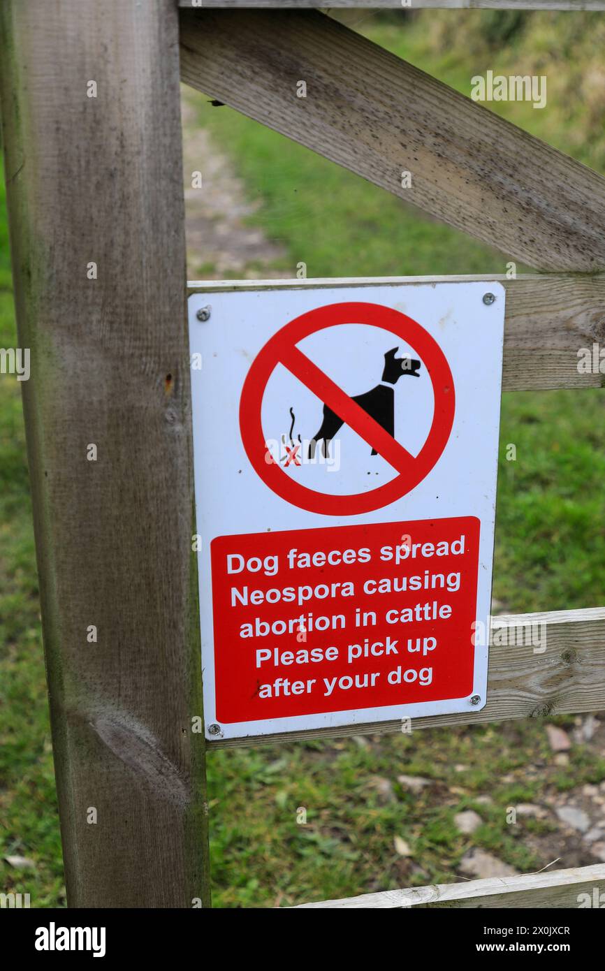 A sign saying 'Dog faeces spread Neospora causing abortion in cattle. Please pick up after your dog', England, UK Stock Photo