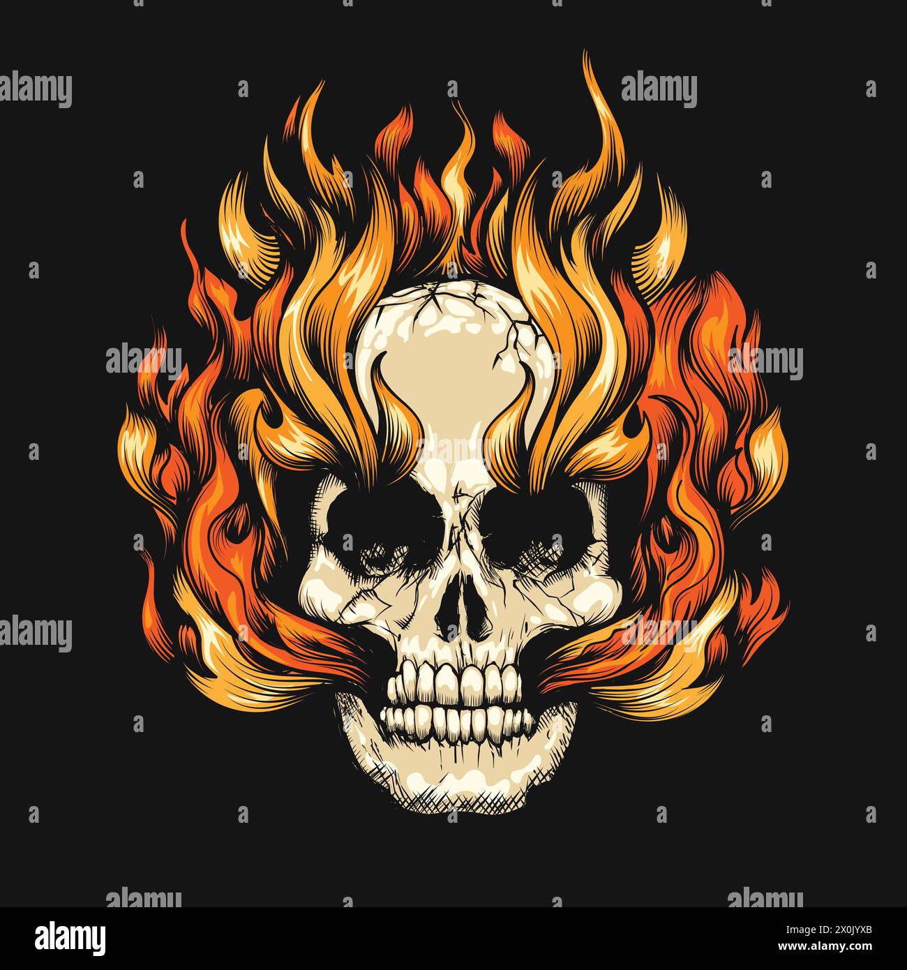 Engraving Skull Burning in Hell Fire isolated on Black background. vector illustration. No AI was used. Stock Vector