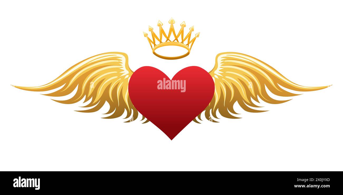 Cartoon Heart with Wings and Crown Emblem Isolated on White. Vector illustration. No AI was used. Stock Vector