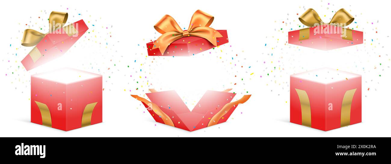 Vector set of red gift boxes with golden ribbons and exploded colorful ...