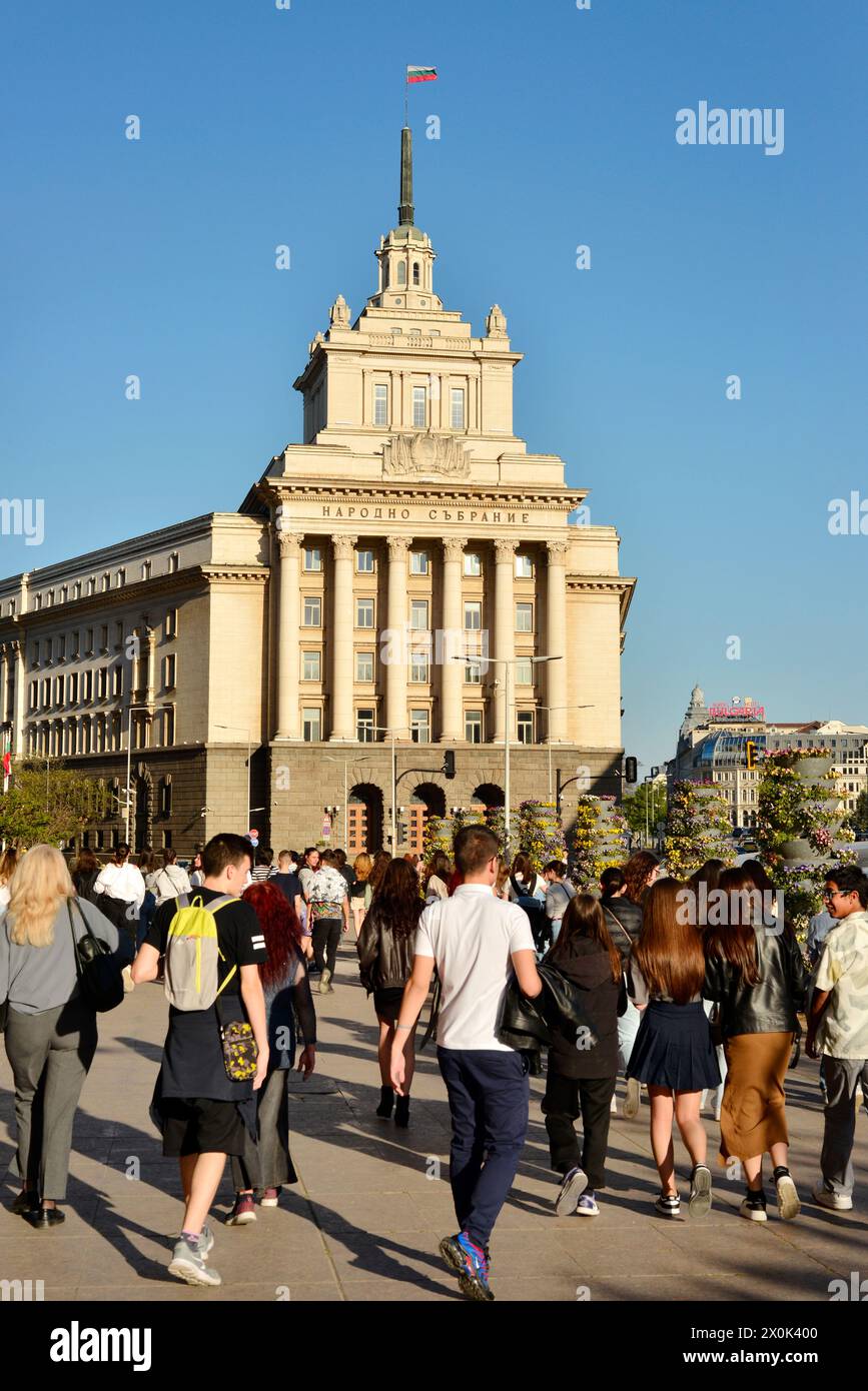 Group of tourists at the former Communist Party House in downtown Sofia Bulgaria, Eastern Europe, Balkans, EU Stock Photo