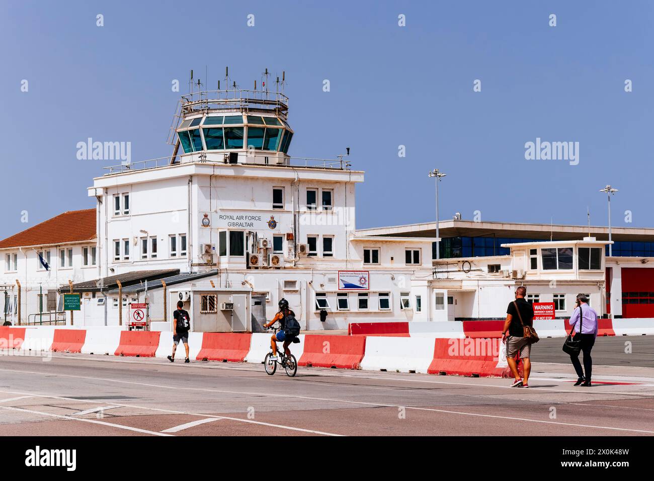 Air traffic control tower for civil and military use. Gibraltar international airport. Gibraltar, British Overseas Territory, United Kingdom, Europe Stock Photo