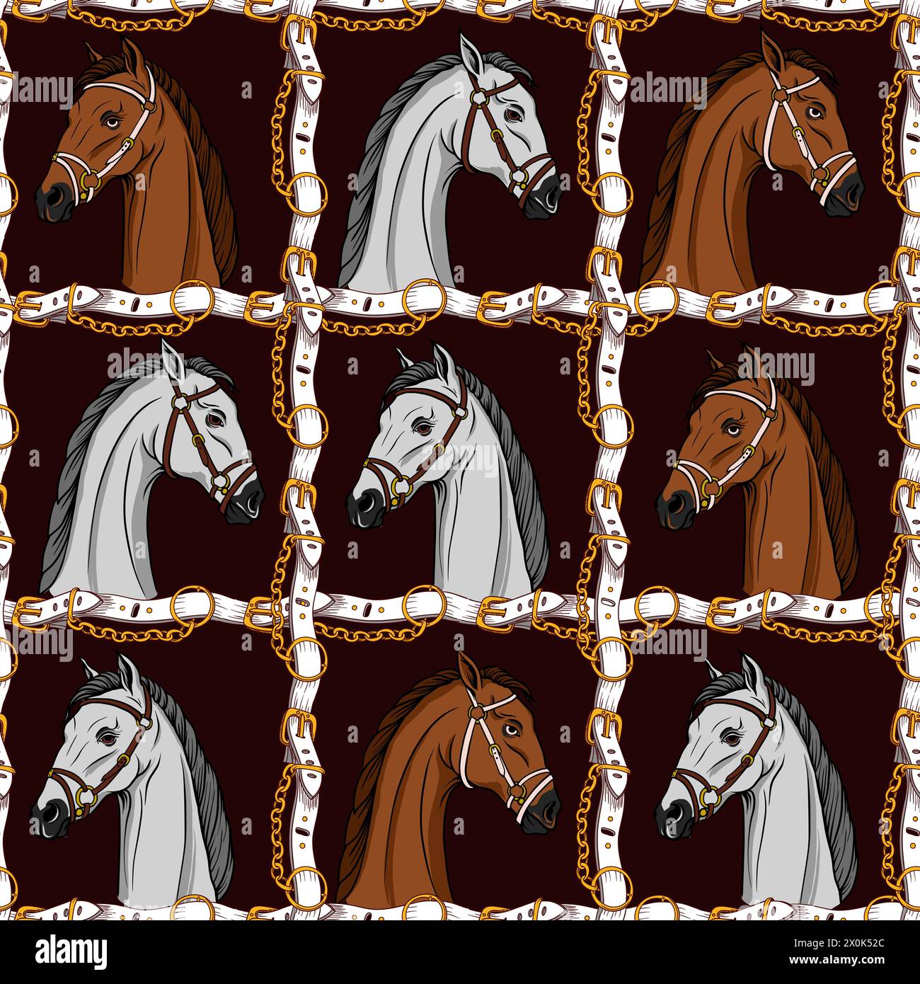 Seamless pattern with horse head and belts. Vector. Stock Vector