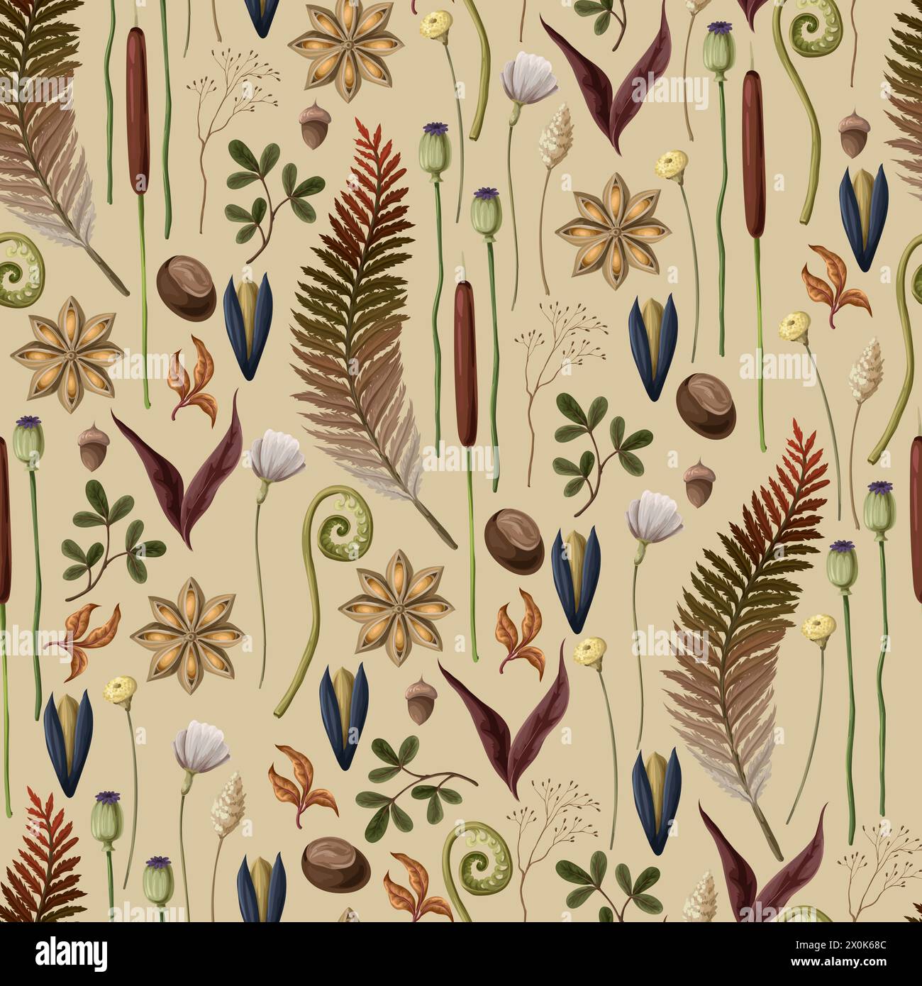 Seamless pattern with autumn leaves, berries and seeds. Vector Stock ...