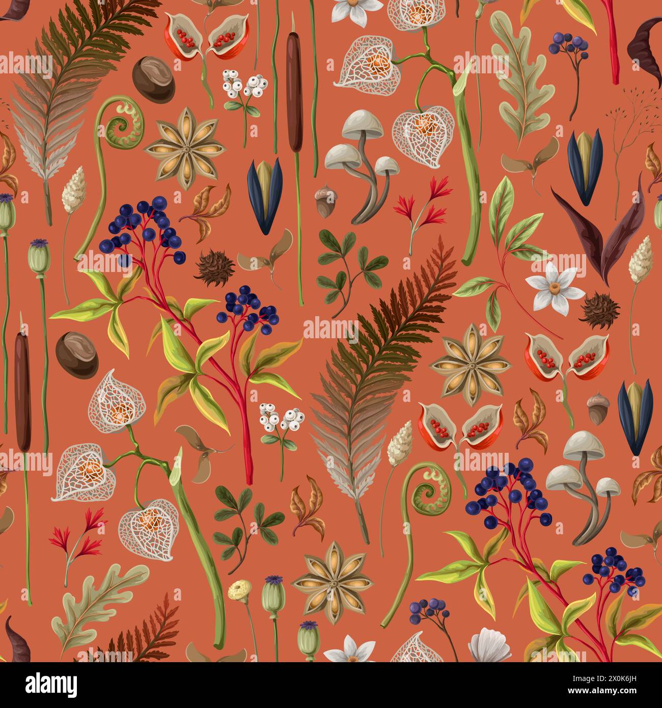 Seamless pattern with autumn leaves, berries and seeds. Vector Stock ...