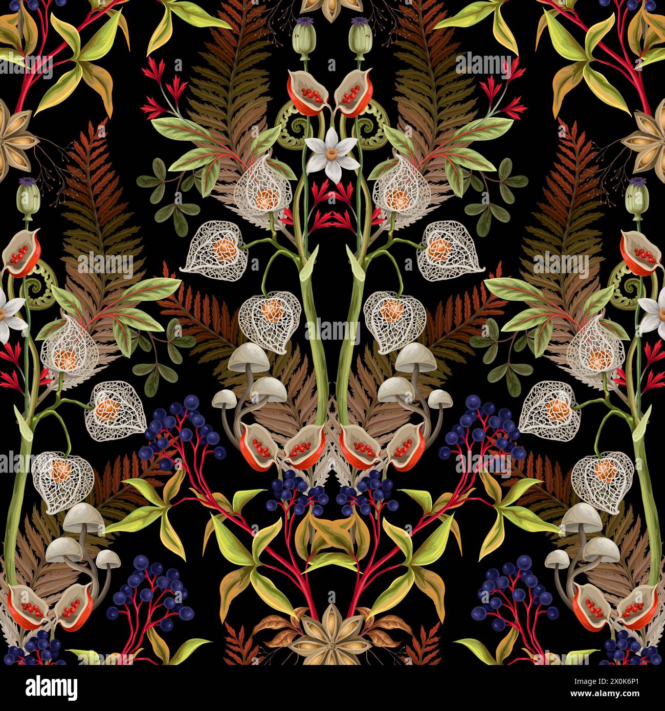 Seamless pattern with autumn leaves, berries and seeds. Vector Stock ...