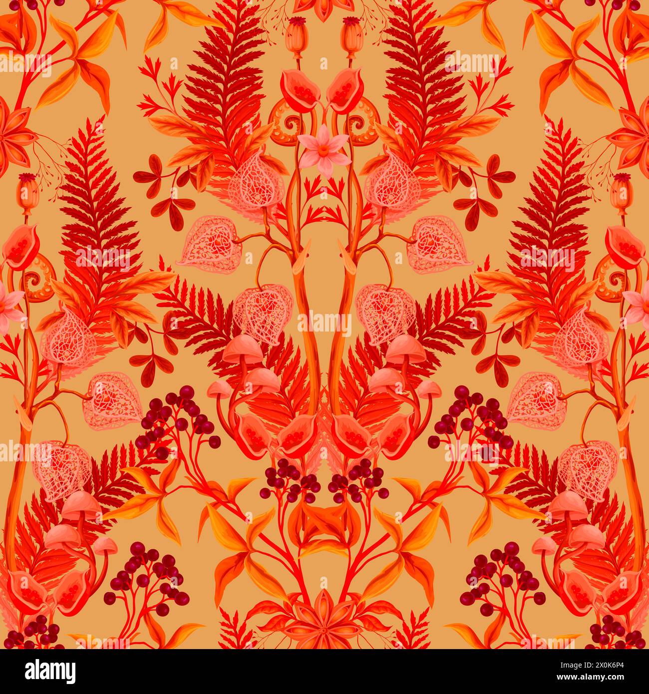 Seamless pattern with autumn leaves, berries and seeds. Vector Stock ...
