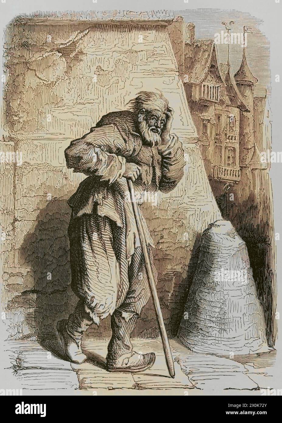 Italian Beggar. Facsimile from an engraving by Jacques Callot (1592-1635). Later colouration. 'Moeurs, usages et costumes au moyen-âge et à l'époque de la Renaissance', by Paul Lacroix. Paris, 1878. Stock Photo