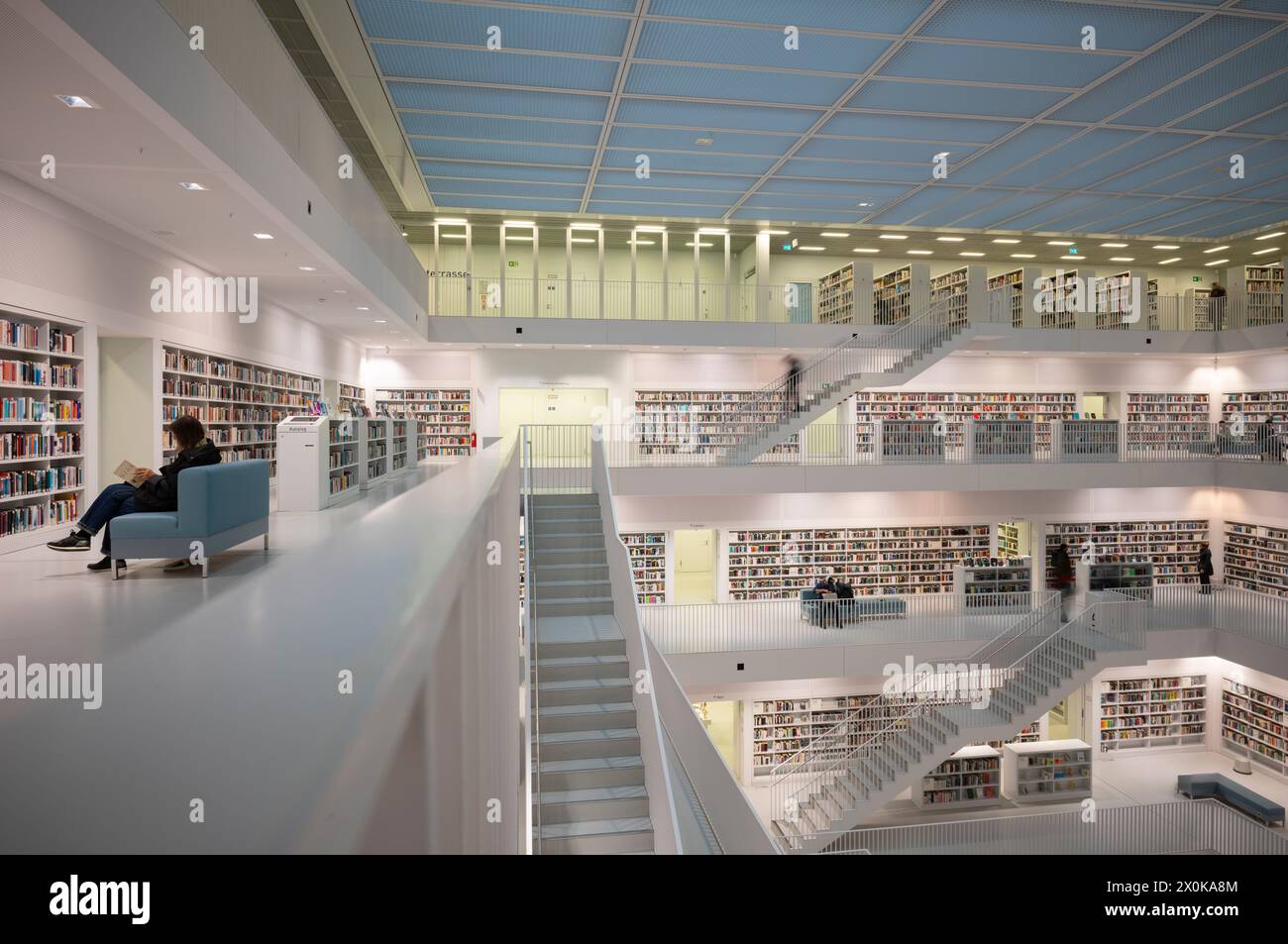 Interior view, gallery hall with staircases of the city library, architect Eun Young Yi, Stuttgart, Baden-Württemberg, Germany Stock Photo