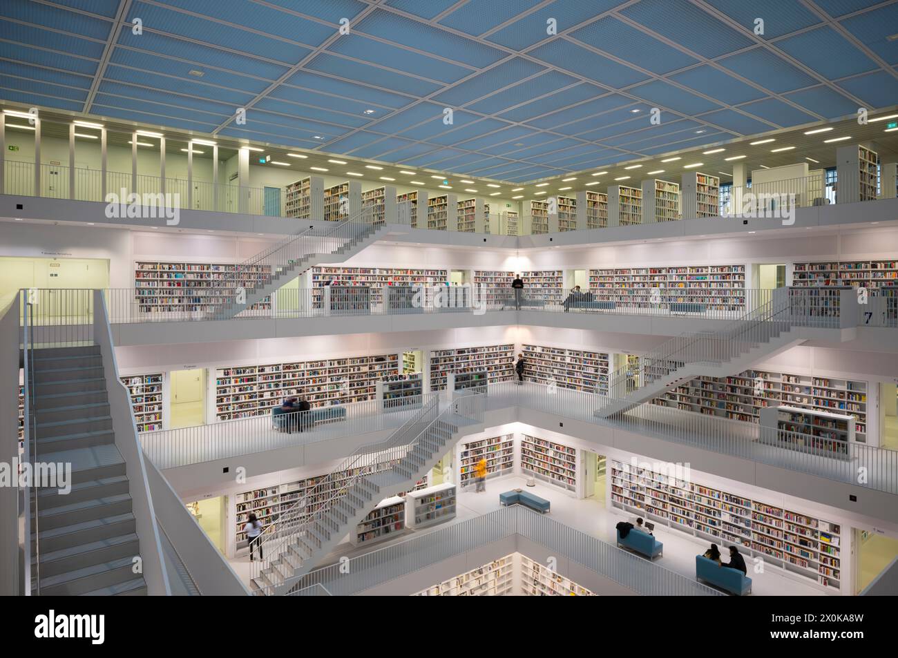 Interior view, gallery hall with staircases of the city library, architect Eun Young Yi, Stuttgart, Baden-Württemberg, Germany Stock Photo