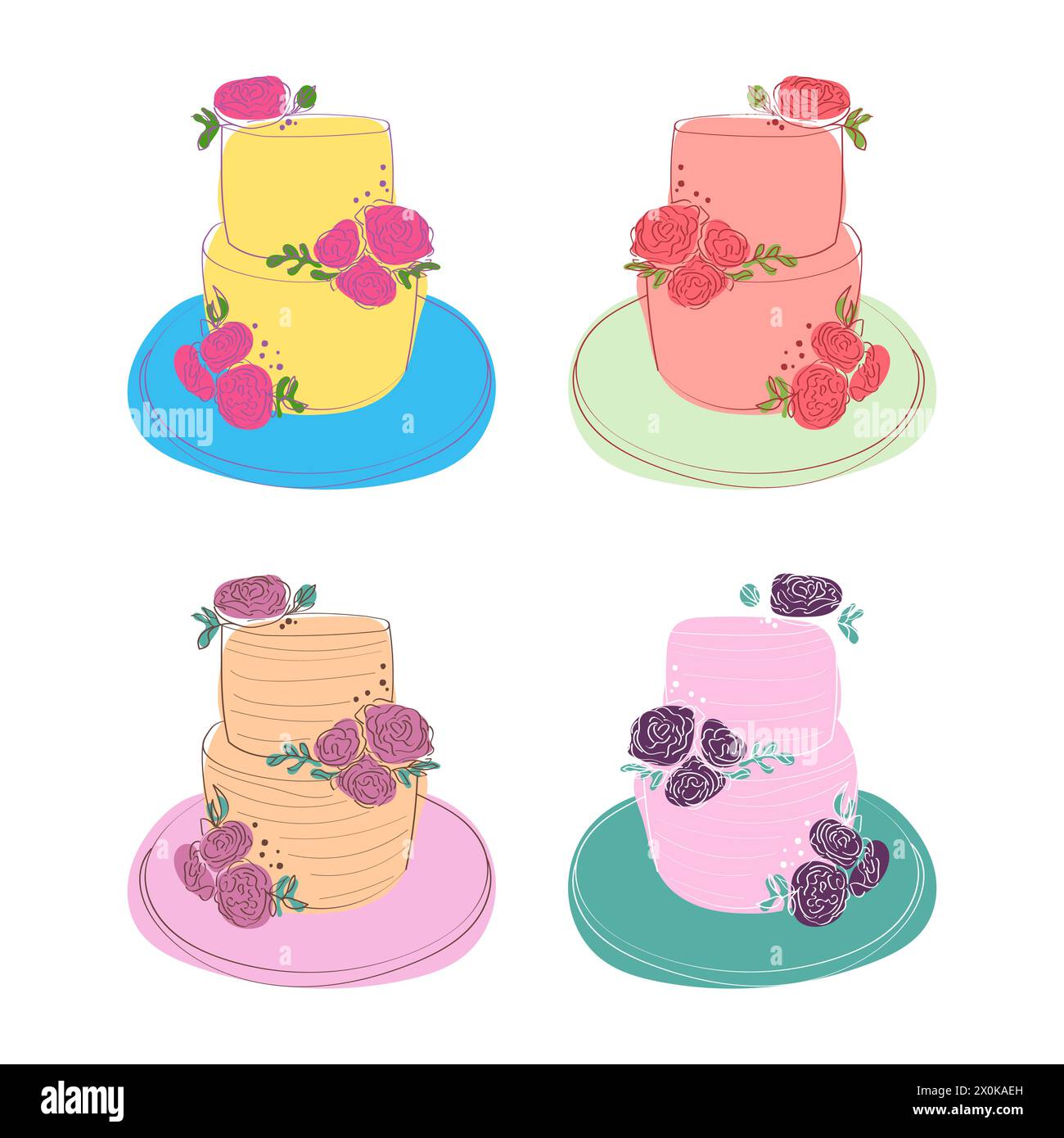 Four distinct types of cakes are displayed on individual plates against ...