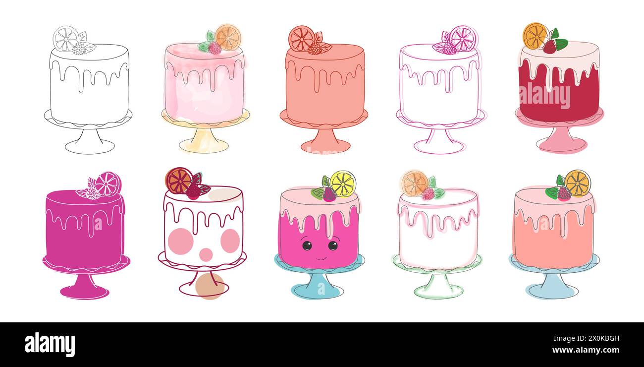 Various types of cakes are displayed on a clean, white background. The cakes vary in flavors, shapes, and decorations, creating a colorful and appetizing array of desserts Stock Vector