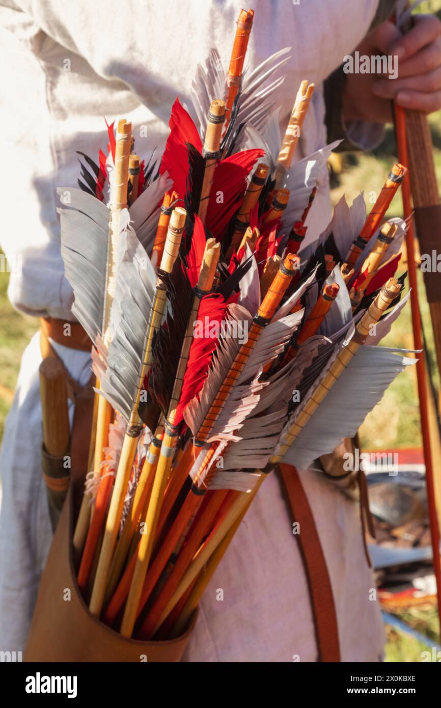 England, East Sussex, Battle, The Annual October Battle of Hastings Re-enactment Festival, Traditional Longbow Arrow Feathers Stock Photo
