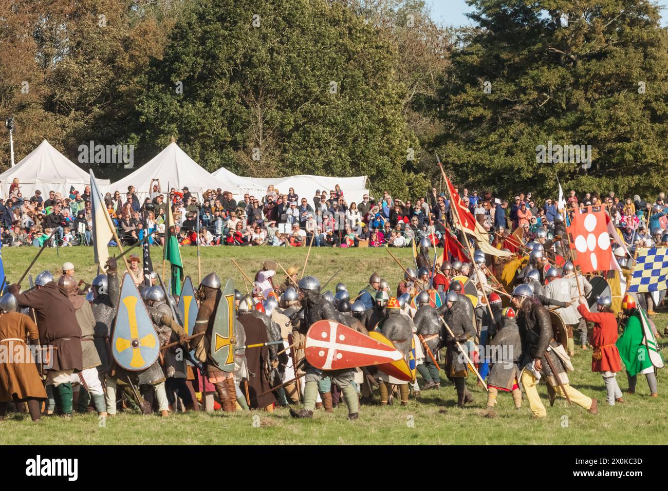 England, East Sussex, Battle, The Annual October Battle of Hastings Re-enactment Festival, Battle Scene showing the Norman Army Fighting the English Army Stock Photo