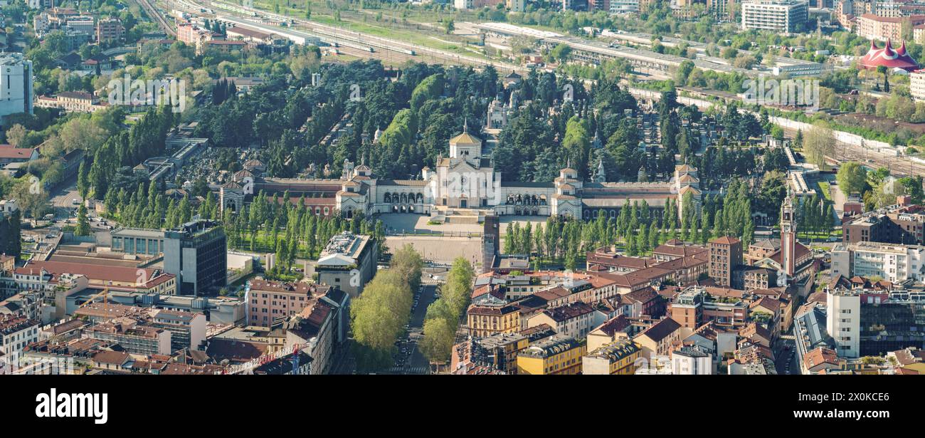 Aerial view of Monumental Cemetery, Milan, Lombardy. Entrance to the cemetery, architecture. Famedio, a cemetery of high artistic value. Italy Stock Photo